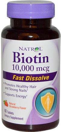 Biotin, Natural Strawberry Flavor, 10.000 mcg, 60 Tablets by Natrol-Vitaminer, Vitamin B, Biotin
