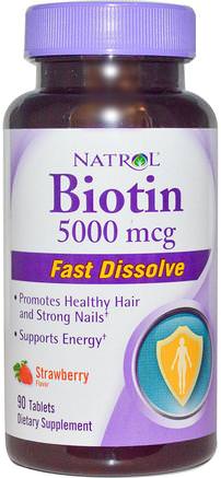 Biotin, Strawberry Flavor, 5000 mcg, 90 Tablets by Natrol-Vitaminer, Biotin