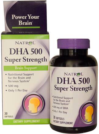 DHA 500, Super Strength, Brain Support, 500 mg, 30 Softgels by Natrol-Kosttillskott, Efa Omega 3 6 9 (Epa Dha), Dha, Fiskolja