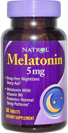 Melatonin, 5 mg, 60 Tablets by Natrol-Tillskott, Melatonin 5 Mg