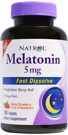 Melatonin, Fast Dissolve, Strawberry, 5 mg, 150 Tablets by Natrol-Tillskott, Melatonin 5 Mg