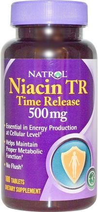 Niacin TR, Time Release, 500 mg, 100 Tablets by Natrol-Vitaminer, Vitamin B, Vitamin B3, Vitamin B3 - Niacin Spolfri