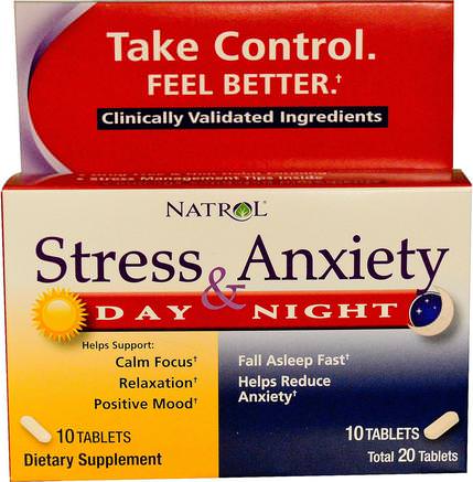 Stress & Anxiety, Day & Nite, 10 Tablets Each by Natrol-Tillskott, Melatonin 3 Mg
