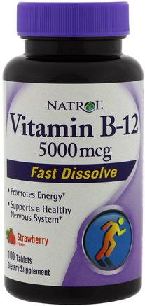 Vitamin B-12, Fast Dissolve, Strawberry Flavor, 5000 mcg, 100 Tablets by Natrol-Vitaminer, Vitamin B