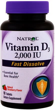 Vitamin D3, Fast Dissolve, Natural Strawberry Flavor, 2.000 IU, 90 Tablets by Natrol-Vitaminer, Vitamin D3