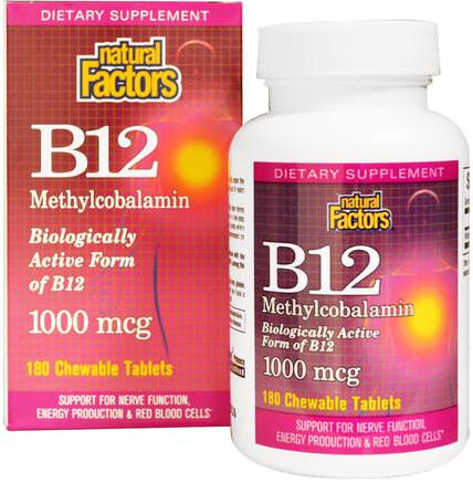 B12, Methylcobalamin, 1000 mcg, 180 Chewable Tablets by Natural Factors-Vitaminer, Vitamin B, Vitamin B12, Vitamin B12 - Metylcobalamin