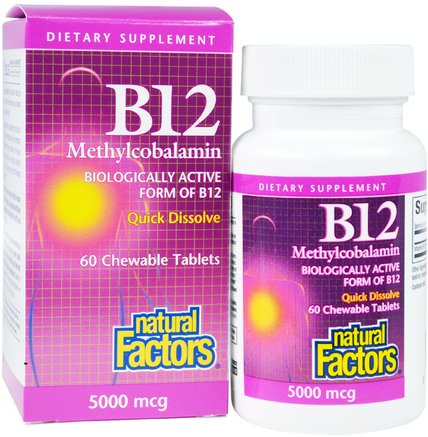B12, Methylcobalamin, 5000 mcg, 60 Chewable Tablets by Natural Factors-Vitaminer, Vitamin B, Vitamin B12, Vitamin B12 - Metylcobalamin