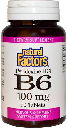 B6, Pyridoxine HCl, 100 mg, 90 Tablets by Natural Factors-Vitaminer, Vitamin B, Vitamin B6 - Pyridoxin