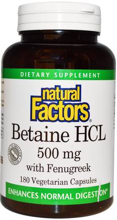 Betaine HCL, with Fenugreek, 500 mg, 180 Veggie Caps by Natural Factors-Kosttillskott, Betaine Hcl, Enzymer