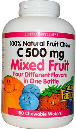 C 500 mg, Mixed Fruit, 180 Chewable Wafers by Natural Factors-Vitaminer, Vitamin C, C-Vitamin Tuggbar