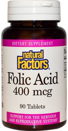 Folic Acid, 400 mcg, 90 Tablets by Natural Factors-Vitaminer, Folsyra