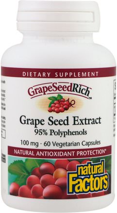 Grape Seed Extract, 95% Polyphenols, 100 mg, 60 Vetegarian Capsules by Natural Factors-Kosttillskott, Antioxidanter, Druvfrö Extrakt