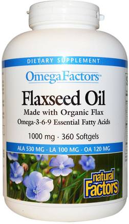 Omega Factors, Flaxseed Oil, 1000 mg, 360 Softgels by Natural Factors-Kosttillskott, Efa Omega 3 6 9 (Epa Dha), Linfröolja, Linfröolja