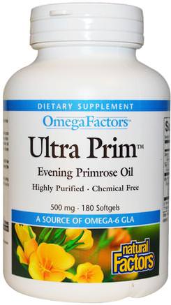 OmegaFactors, Ultra Prim, Evening Primrose Oil, 500 mg, 180 Softgels by Natural Factors-Kosttillskott, Efa Omega 3 6 9 (Epa Dha), Kvicksilverolja, Mjölkgeler För Kvälls Primrosolja