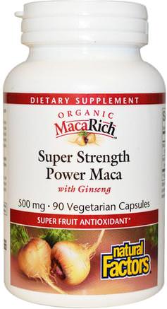 Organic MacaRich, Super Strength Power Maca, with Ginseng, 500 mg, 90 Veggie Caps by Natural Factors-Hälsa, Män, Maca, Kosttillskott, Adaptogen