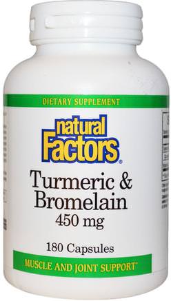 Turmeric & Bromelain, 450 mg, 180 Capsules by Natural Factors-Kosttillskott, Antioxidanter, Curcumin, Gurkmeja