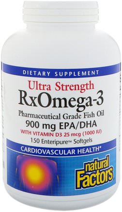 Ultra Strength, RxOmega-3, with Vitamin D3, 900 mg EPA/DHA, 150 Enteripure Softgels by Natural Factors-Kosttillskott, Efa Omega 3 6 9 (Epa Dha), Dha, Epa, Omega 369 Caps / Tabs