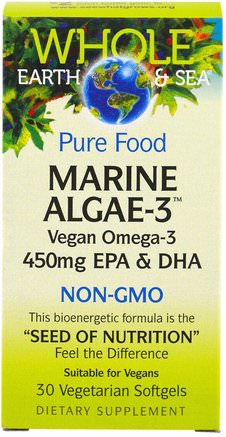 Whole Earth & Sea, Marine Algae-3, 450 mg EPA & DHA, 30 Veggie Caps by Natural Factors-Kosttillskott, Efa Omega 3 6 9 (Epa Dha), Dha, Epa