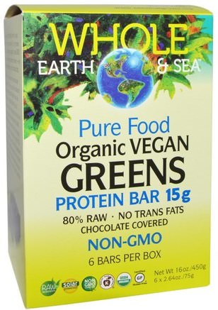 Whole Earth & Sea, Pure Food Organic Vegan Greens Protein Bars, Chocolate Covered, 6 Bars, 2.64 oz (75 g) Each by Natural Factors-Sport, Protein Barer