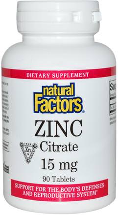 Zinc Citrate, 15 mg, 90 Tablets by Natural Factors-Kosttillskott, Mineraler, Zink
