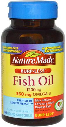 Fish Oil, Omega-3, Burp-Less, 1200 mg, 60 Liquid Softgels by Nature Made-Kosttillskott, Efa Omega 3 6 9 (Epa Dha), Fiskolja, Mjölkgjorda Fiskoljor