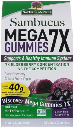 Sambucus Mega Gummies 7X, Black Elderberry, 30 Vegan Gummies by Natures Answer-Hälsa, Kall Influensa Och Viral, Elderberry (Sambucus)