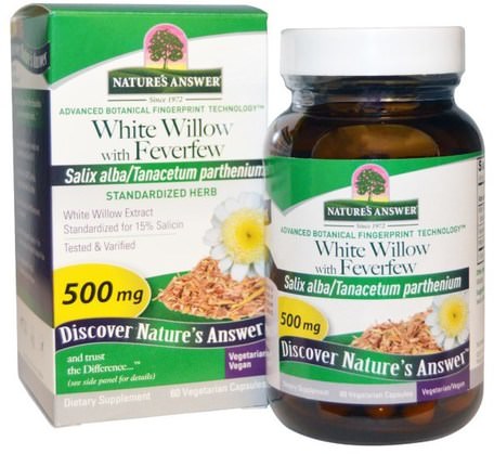 White Willow with Feverfew, 500 mg, 60 Vegetarian Capsules by Natures Answer-Hälsa, Huvudvärk