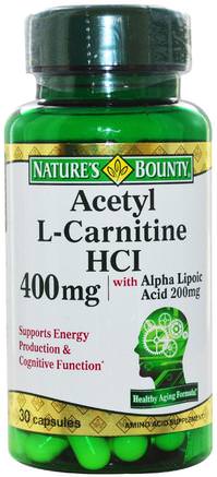 Acetyl L-Carnitine HCI, 400 mg, 30 Capsules by Natures Bounty-Kosttillskott, Aminosyror, L Karnitin, Acetyl-L-Karnitin + Alfa-Liposyra