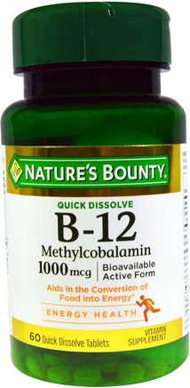 B-12, 1000 mcg, 60 Quick Dissolve Tablets by Natures Bounty-Vitaminer, Vitamin B, Vitamin B12, Vitamin B12 - Metylcobalamin