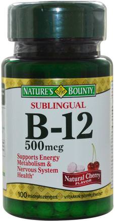 B-12, Sublingual, Natural Cherry Flavor, 500 mcg, 100 Microlozenges by Natures Bounty-Vitaminer, Vitamin B, Vitamin B12, Vitamin B12 - Cyanokobalamin