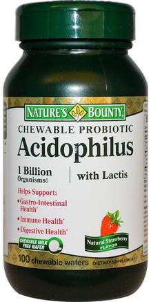 Chewable Probiotic Acidophilus with Lactis, Natural Strawberry Flavor, 100 Chewable Wafers by Natures Bounty-Kosttillskott, Probiotika, Stabiliserade Probiotika