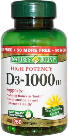 D3, High Potency, 1000 IU, 250 Rapid Release Softgels by Natures Bounty-Vitaminer, Vitamin D3