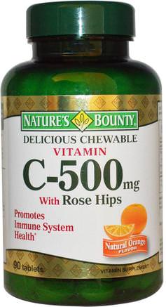 Delicious Chewable Vitamin C-500 mg, With Rose Hips, Natural Orange Flavor, 90 Tablets by Natures Bounty-Vitaminer, Vitamin C, C-Vitamin Tuggbar