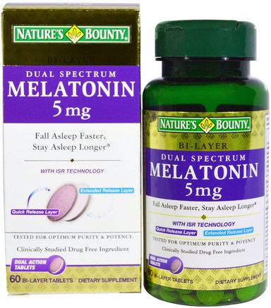 Dual Spectrum, Melatonin, 5 mg, 60 Bi-Layer Tablets by Natures Bounty-Tillskott, Melatonin 5 Mg