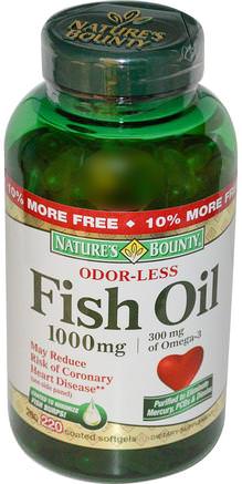 Odor-Less Fish Oil, 1.000 mg, 220 Coated Softgels by Natures Bounty-Kosttillskott, Efa Omega 3 6 9 (Epa Dha), Fiskolja, Mjölkgjorda Fiskoljor