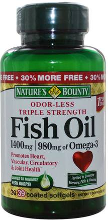 Odor-Less Fish Oil, Triple Strength, 1400 mg, 39 Coated Softgels by Natures Bounty-Kosttillskott, Efa Omega 3 6 9 (Epa Dha), Fiskolja, Mjölkgjorda Fiskoljor