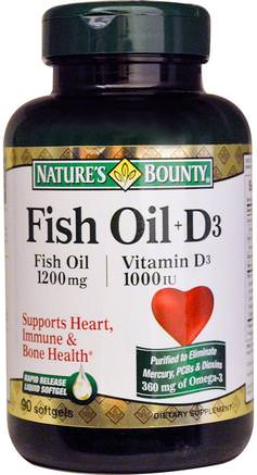 Fish Oil + D3, 90 Softgels by Natures Bounty-Kosttillskott, Efa Omega 3 6 9 (Epa Dha), Fiskolja, Mjölkfiskoljor, Vitaminer, Vitamin D3
