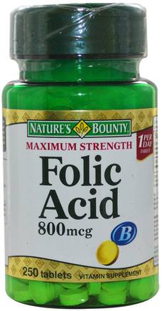 Folic Acid, Maximum Strength, 800 mcg, 250 Tablets by Natures Bounty-Vitaminer, Folsyra