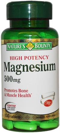 Magnesium, High Potency, 500 mg, 100 Coated Tablets by Natures Bounty-Kosttillskott, Mineraler, Magnesiumoxid