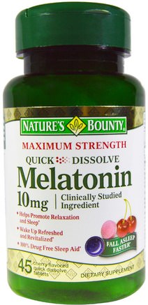 Melatonin, Quick Dissolve, Natural Cherry Flavor, 10 mg, 45 Quick Dissolve Tablets by Natures Bounty-Kosttillskott, Melatonin