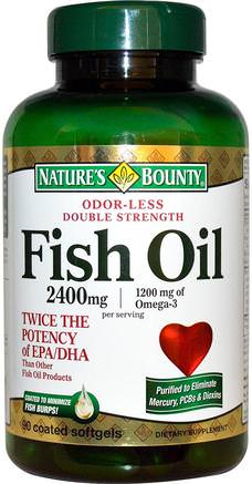 Odor-Less Double Strength, Fish Oil, 2400 mg, 90 Coated Softgels by Natures Bounty-Kosttillskott, Efa Omega 3 6 9 (Epa Dha), Fiskolja, Mjölkgjorda Fiskoljor
