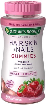 Optimal Solutions, Hair, Skin & Nails Gummies, Strawberry Flavored, 80 Gummies by Natures Bounty-Bad, Skönhet, Hårförtunning Och Återväxt, Värmekänsliga Produkter
