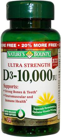 D3, Ultra Strength, 10.000 IU, 72 Rapid Release Softgels by Natures Bounty-Vitaminer, Vitamin D3
