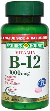 Vitamin B-12, 1000 mcg, 200 Coated Tablets by Natures Bounty-Vitaminer, Vitamin B, Vitamin B12, Vitamin B12 - Cyanokobalamin