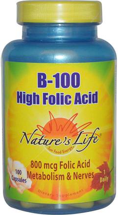 B-100, High Folic Acid, 100 Capsules by Natures Life-Vitaminer, Vitamin B-Komplex, Vitamin B-Komplex 100