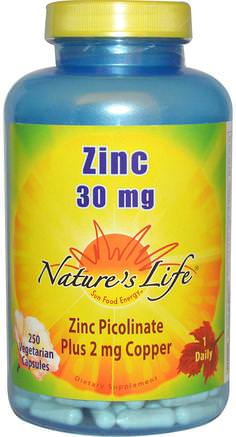 Zinc, 30 mg, 250 Veggie Caps by Natures Life-Kosttillskott, Mineraler, Zink