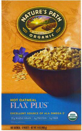 Organic Hot Oatmeal, Flax Plus, 8 Packets, (50 g) Each by Natures Path-Mat, Mat, Spannmål, Fullkornspannmål, Havre Havregryn