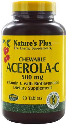 Chewable Acerola-C, Vitamin C with Bioflavonoids, 500 mg, 90 Tablets by Natures Plus-Vitaminer, Vitamin C, Vitamin C Tuggbar, Vitamin C Acerola