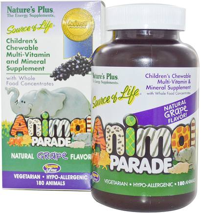 Childrens Chewable Multi-Vitamin and Mineral Supplement, Natural Grape Flavor, 180 Animals by Natures Plus-Vitaminer, Multivitaminer, Barn Multivitaminer