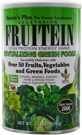 Fruitein High Protein Energy Shake, Revitalizing Green Foods, 1.3 lbs (576 g) by Natures Plus-Kosttillskott, Skämt Av Mjölk, Superfoods